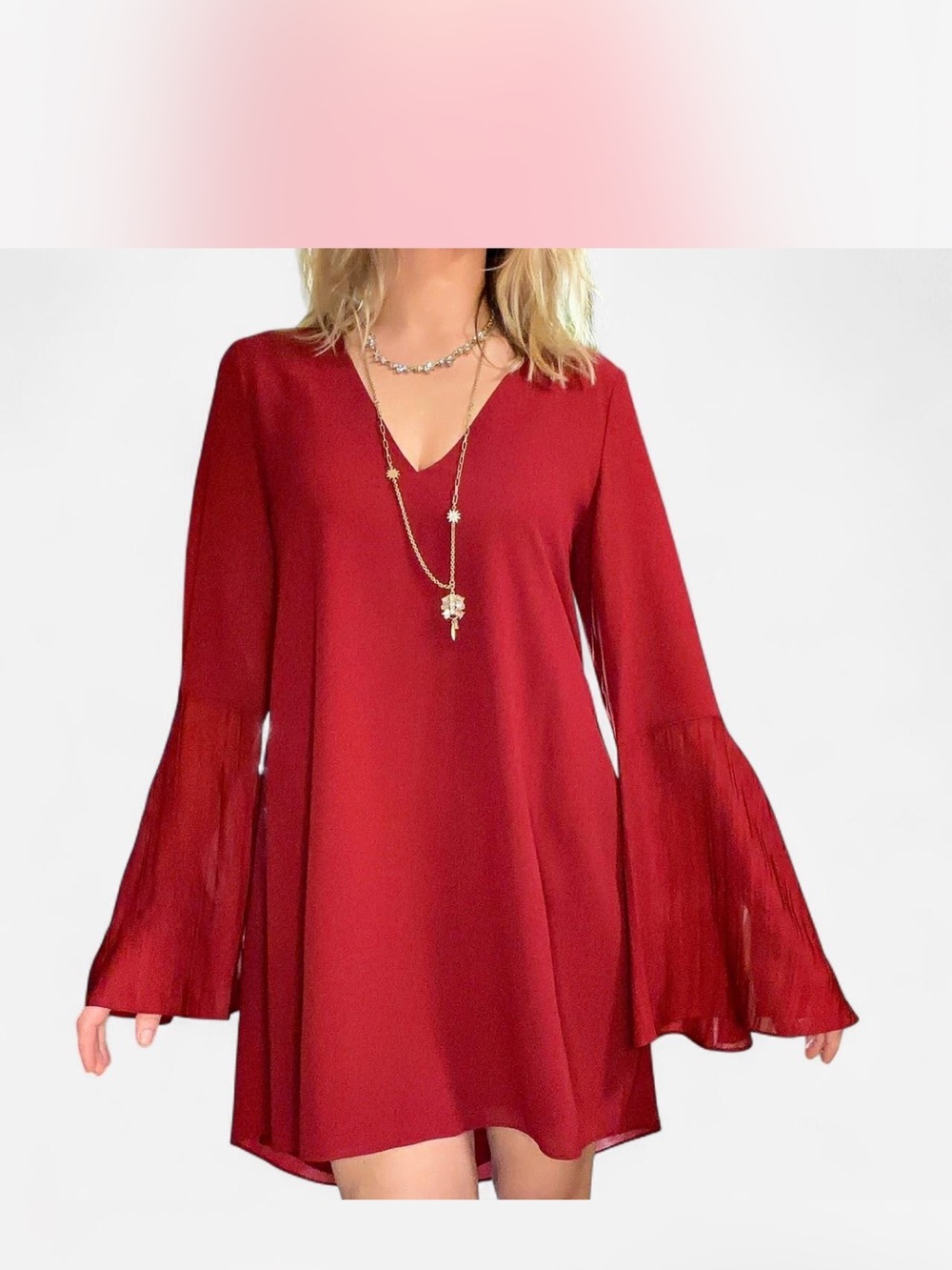 NWT Haute Hippie Silk Bell Sleeve Shift Dress Burgundy Wine Size 6